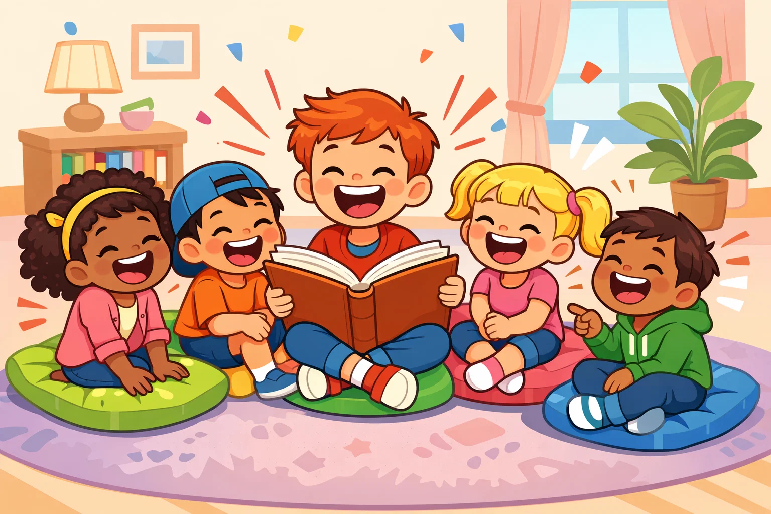 Children enjoying funny child friendly jokes collection together at home.