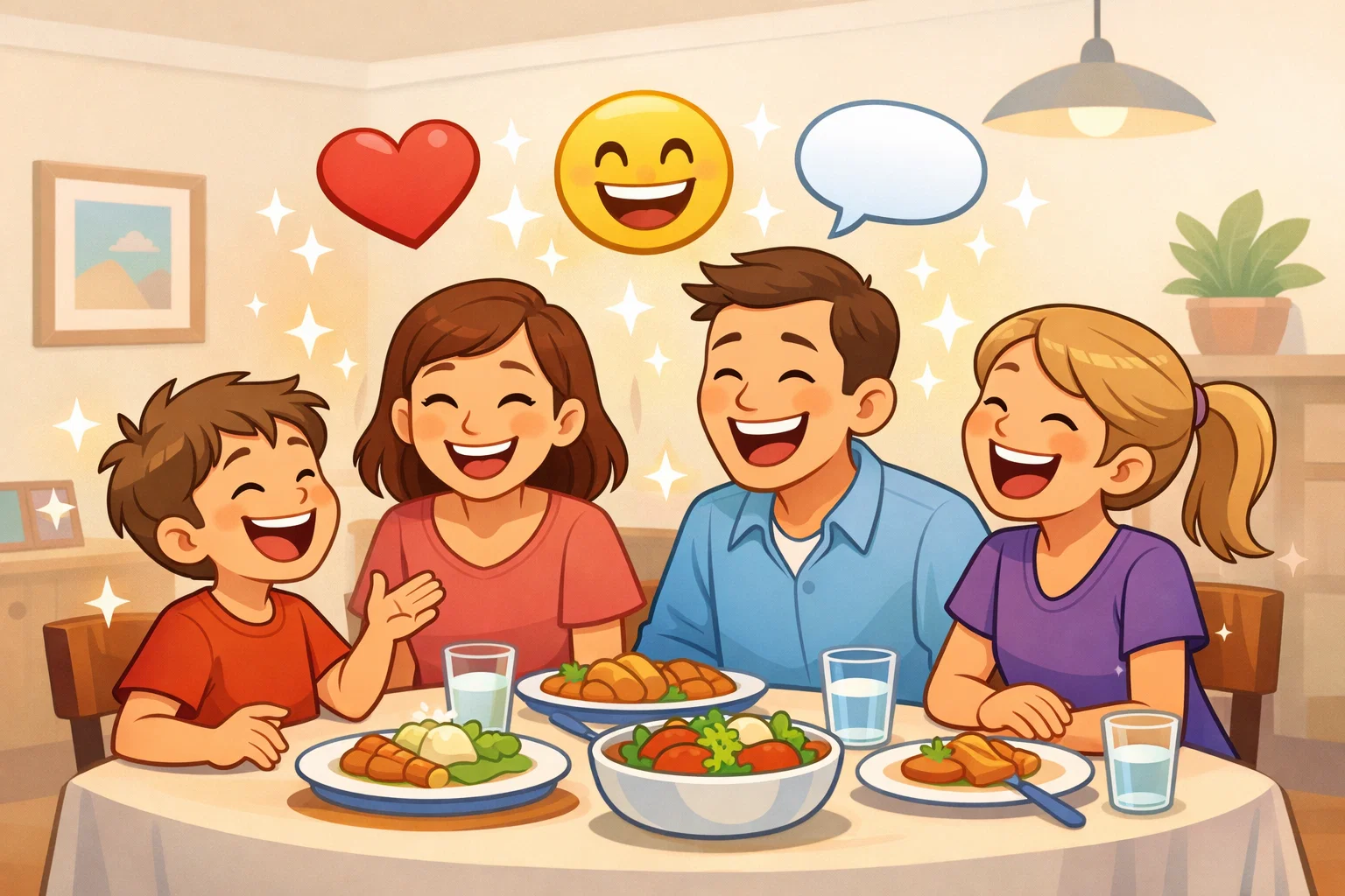 Family bonding over funny child friendly jokes at dinner table.