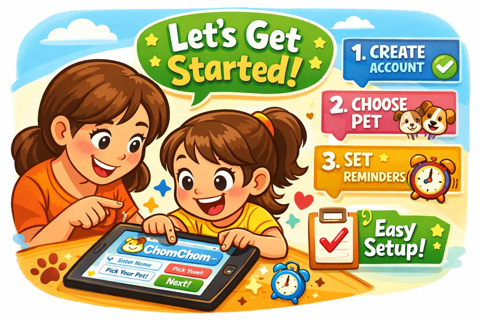  Parent and child starting with ChomChom app, preparing for a fun and educational experience.

