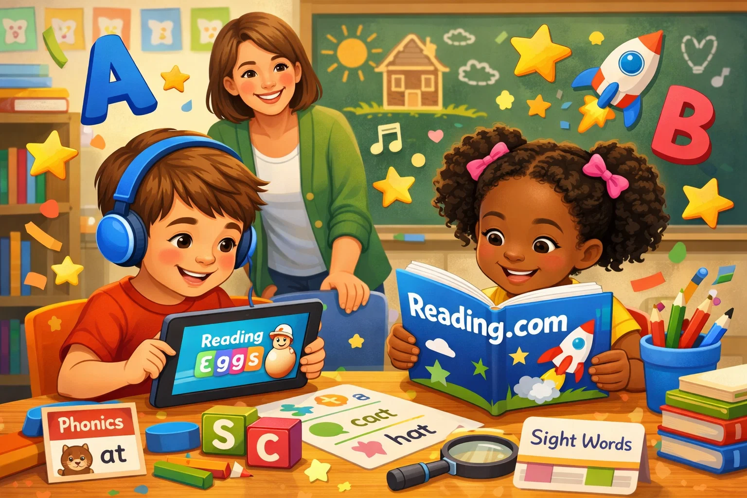 Kids learning with a tablet and books, showcasing a good reading program for children.
