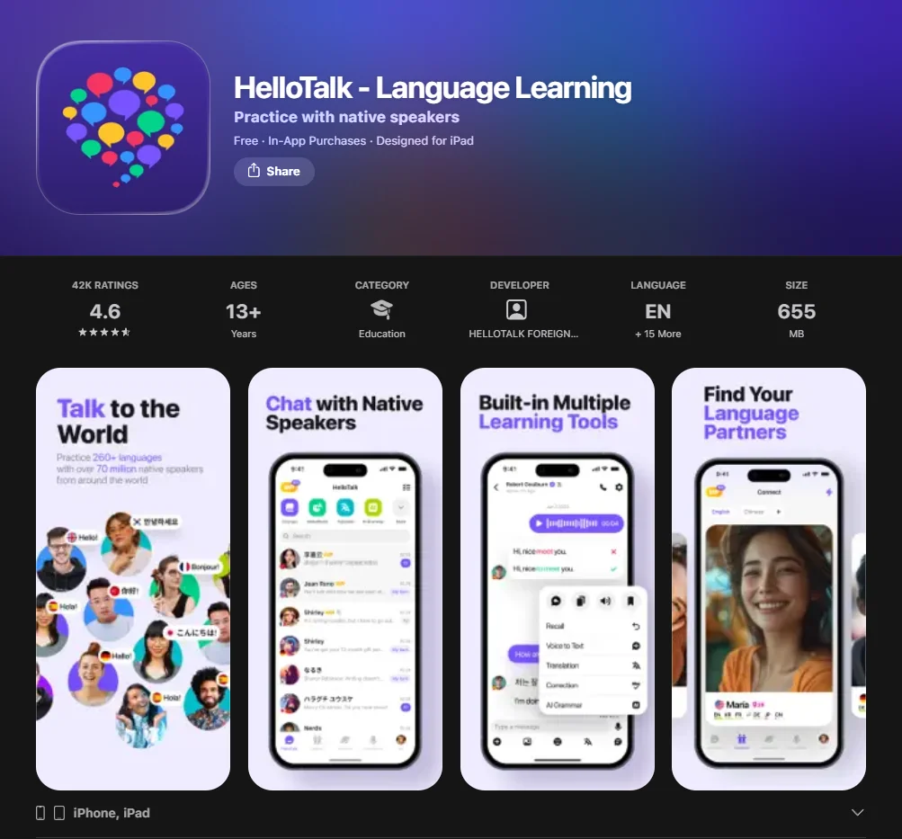 Screenshot of HelloTalk App.
