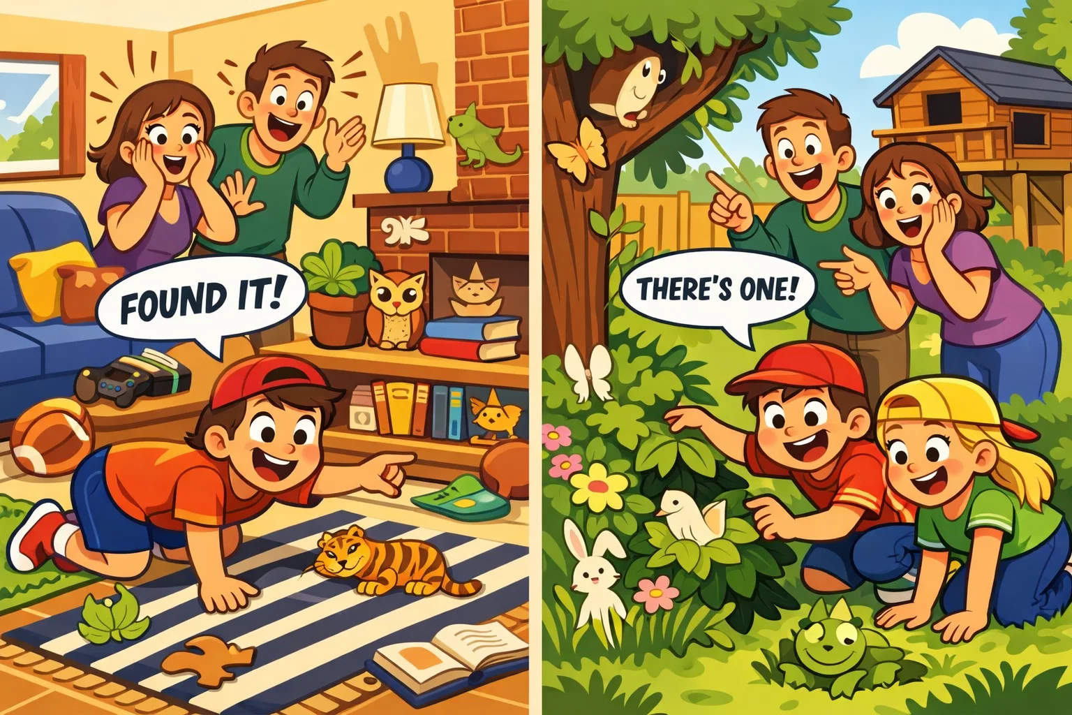 Home camouflage game kids playing predator search activity indoors and outdoors.