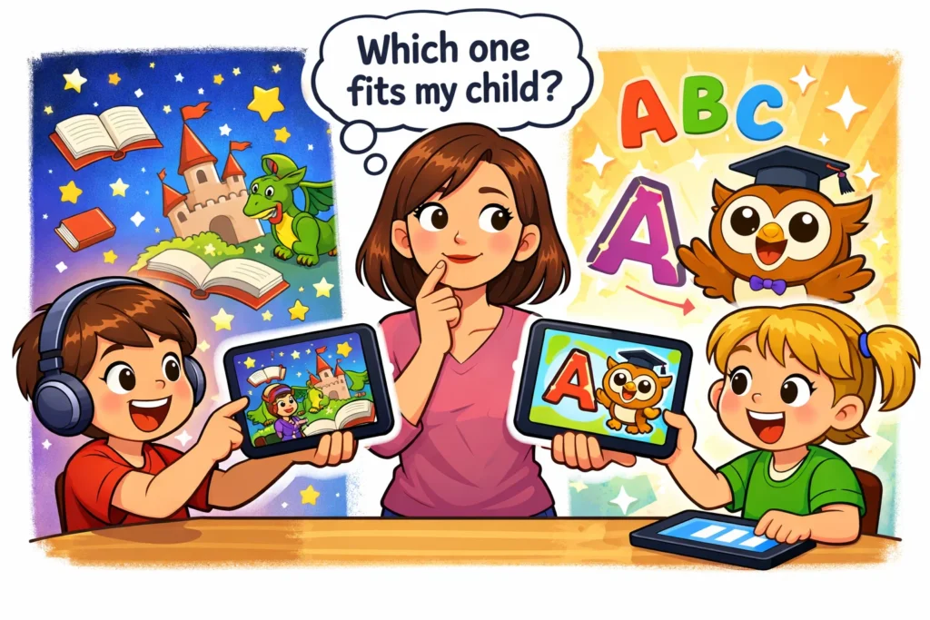 Homer Learning App vs Duolingo ABC comparison for kids in 2026.