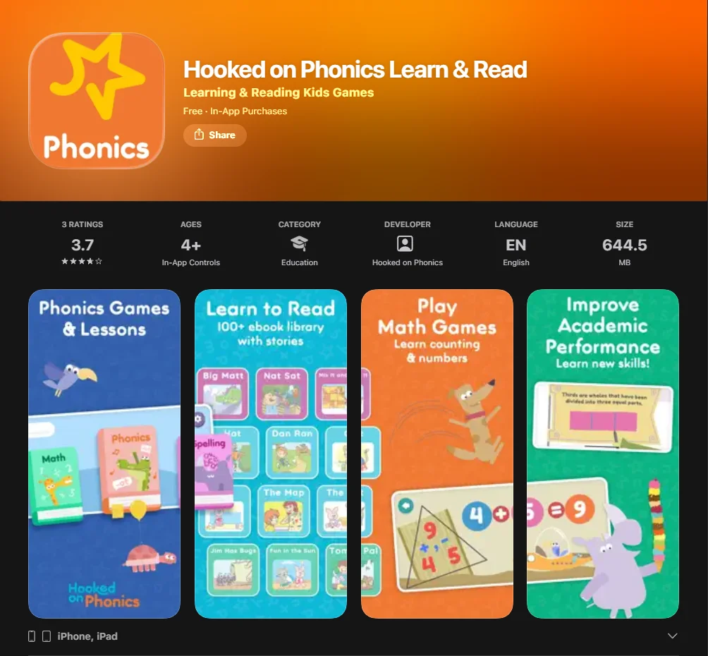 Hooked on Phonics App Screenshot. 
