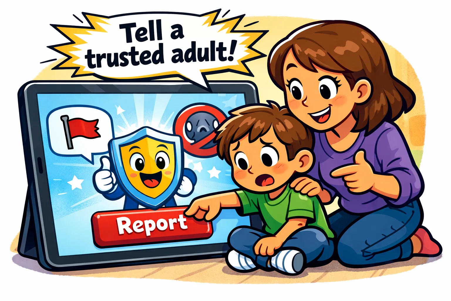 How child can report user or content in Messenger Kids with trusted adult help.
