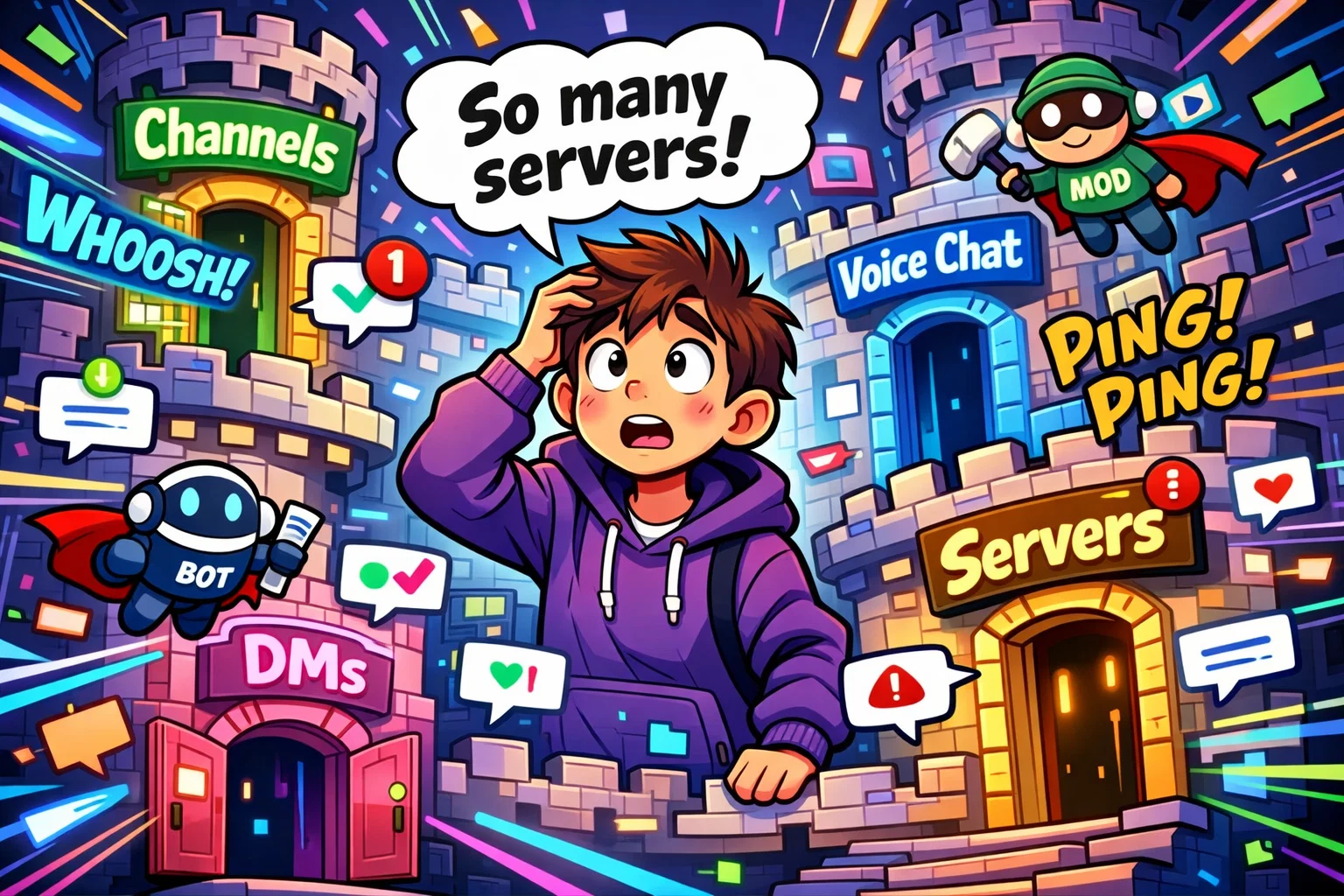 Teen navigating Discord servers and channels in how Discord works for kids illustration.
