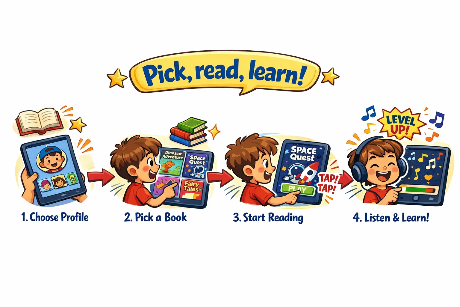 How Epic works for kids reading app with books, audiobooks, and reading steps.
