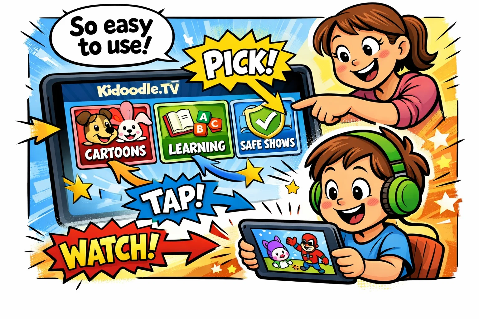  How Kidoodle TV works on tablet for kids with safe and simple navigation.
