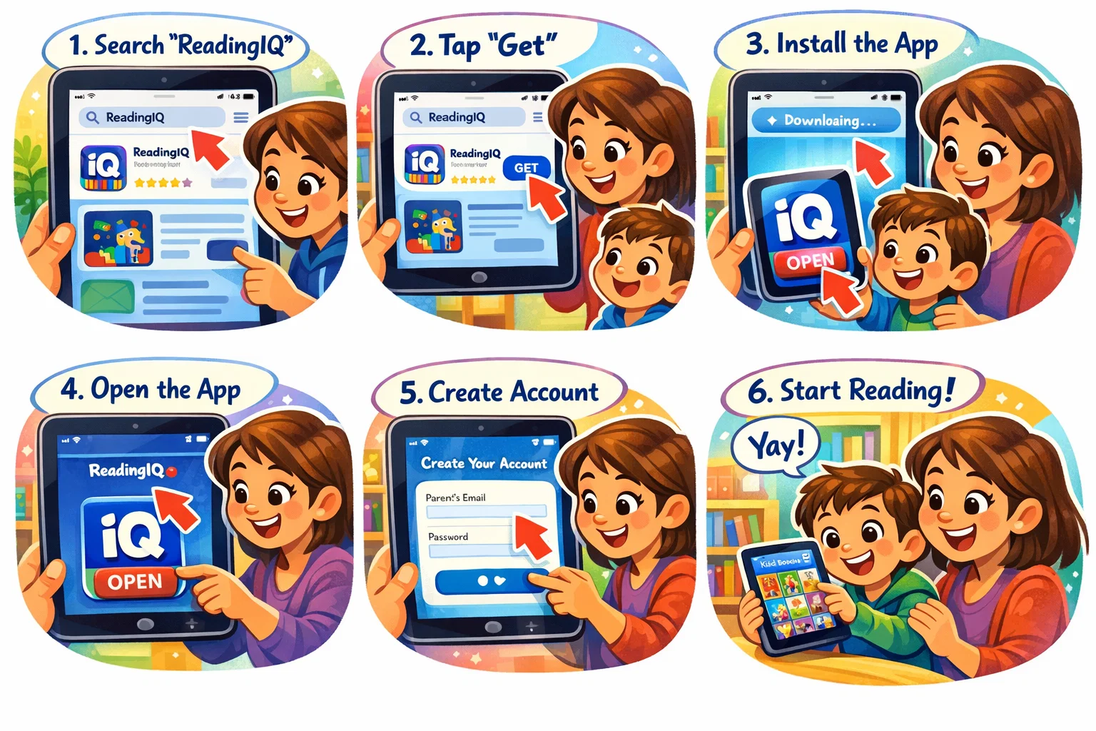 Cartoon of parent and child setting up ReadingIQ app, showing the first steps in using the digital library.