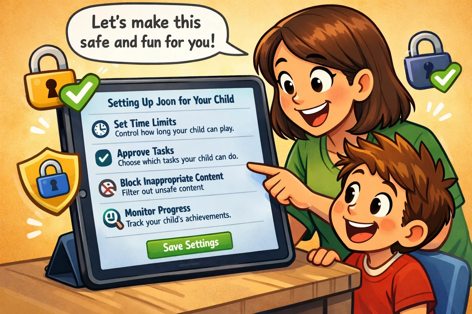  Parent setting up Joon app for child, focusing on safe usage and features.
