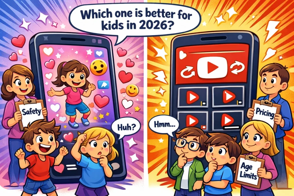 Instagram Reels vs YouTube Shorts for kids comparison showing safety and age limits in 2026.
