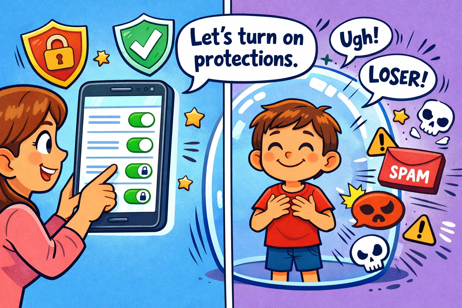  Instagram safety parental controls risks shown with parent activating privacy settings.
