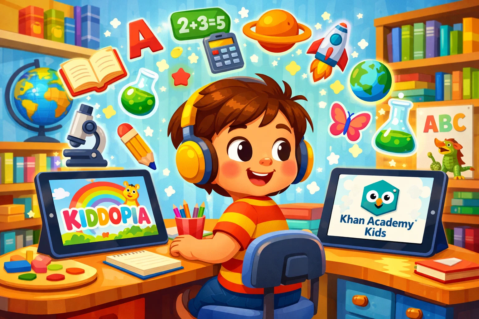 Two kids exploring Kiddopia and Khan Academy Kids, engaging with colorful educational content.