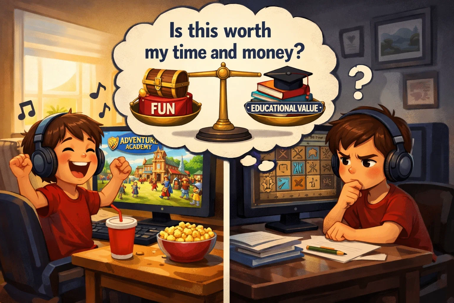 Adventure Academy worth it for kids, showing children balancing fun learning tools and value.
