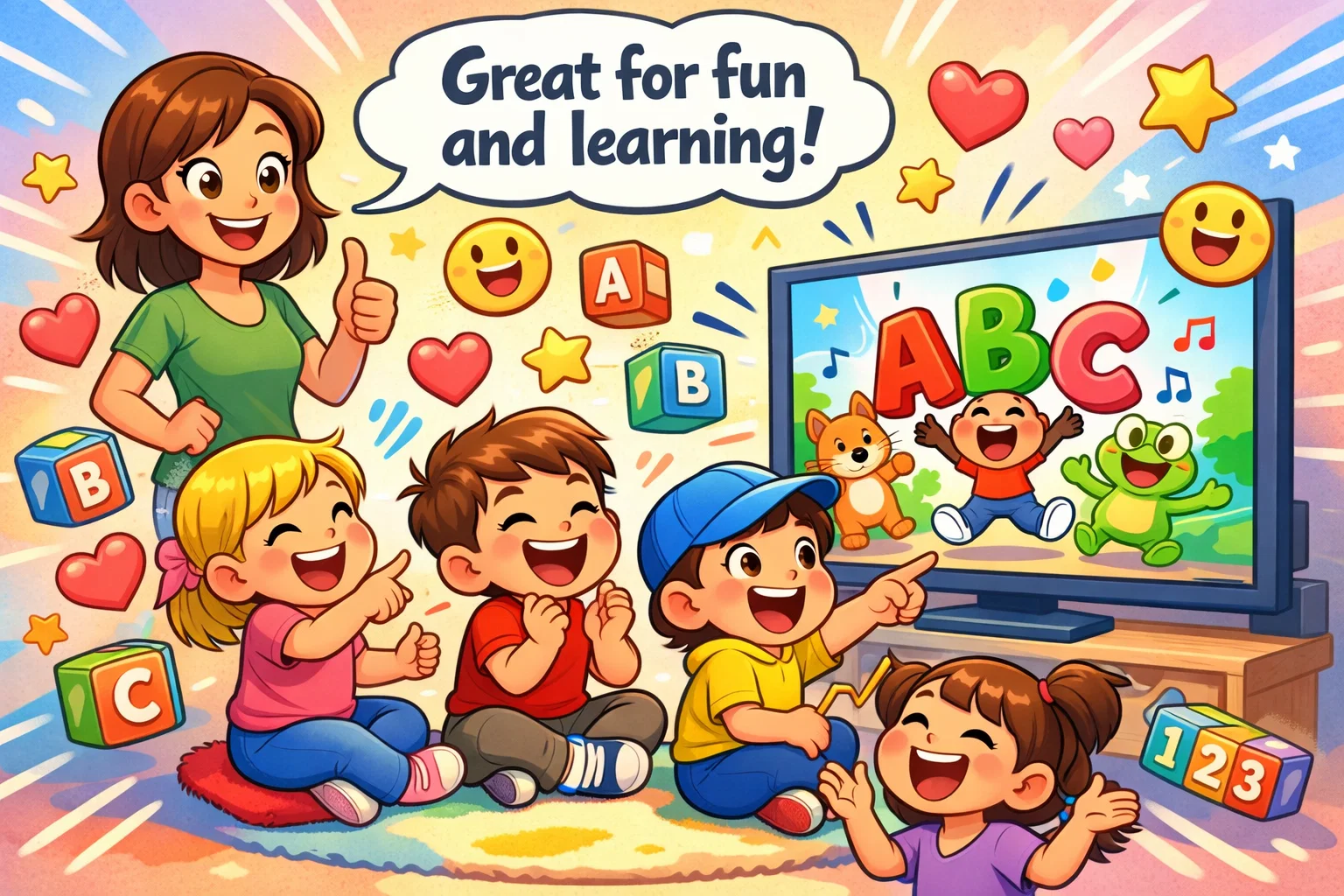 Is Nick Jr good for kids image with happy children watching educational shows.
