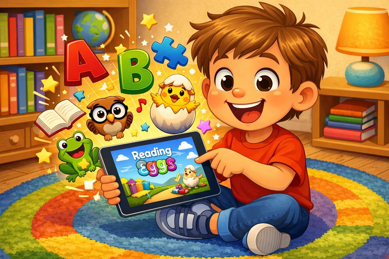 Child learning with the Reading Eggs app, smiling and engaged in educational activities.