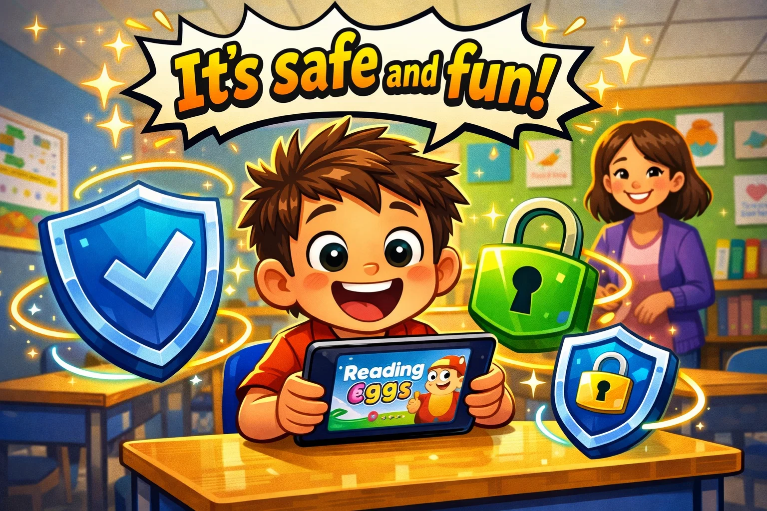 Child using Reading Eggs with safety symbols, showcasing the app's suitability for kids.

