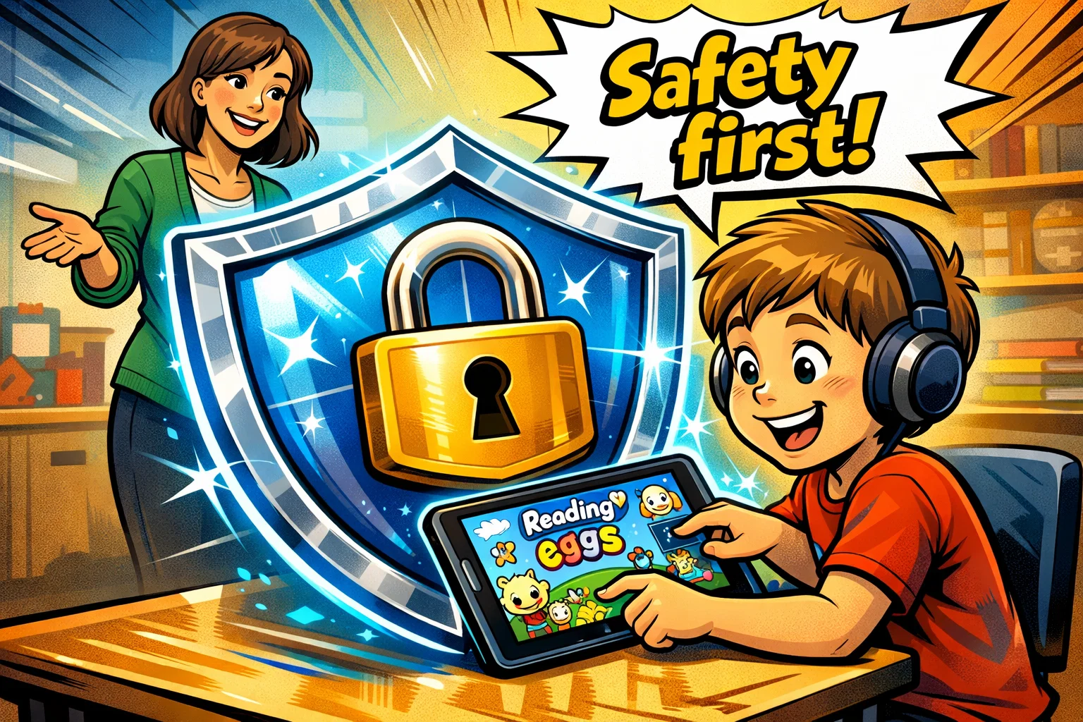 Child learning with Reading Eggs in a safe environment, featuring privacy protection symbols.