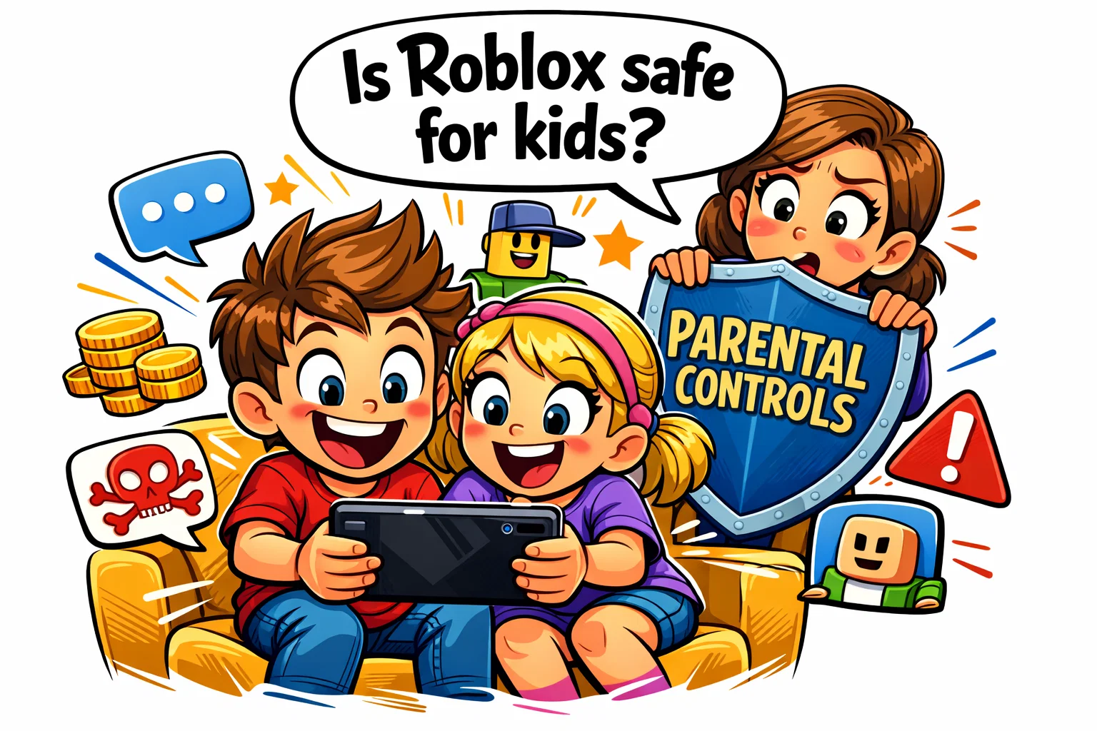 Parent checking Roblox safety settings while kids play game on tablet at home.