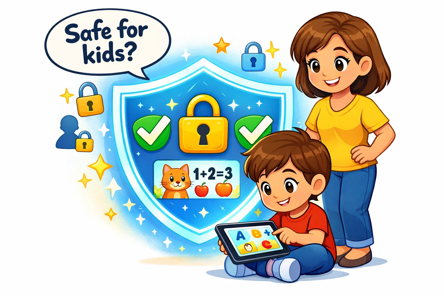  Is SplashLearn safe for kids image with shield, secure learning app, and parent oversight.
