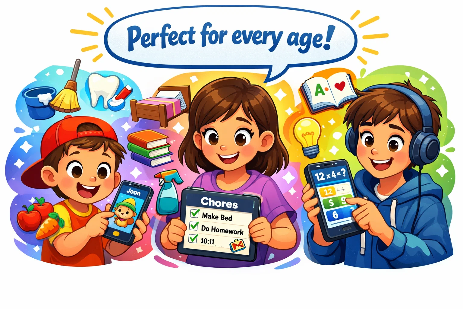  Children of all ages using Joon app, demonstrating its suitability for different age groups.
