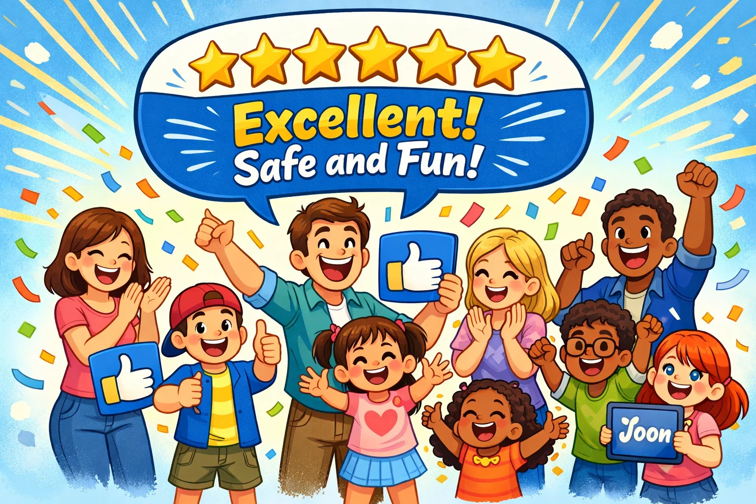 Positive Joon app ratings shown by child, reflecting good reviews and user satisfaction.

