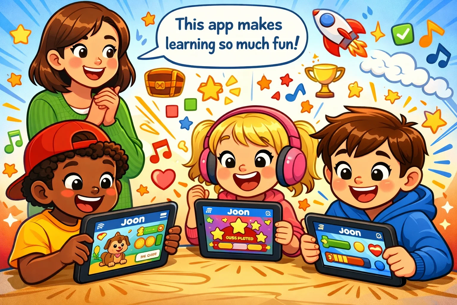 Kids using Joon app with virtual pet, showing fun and safe features for children.
