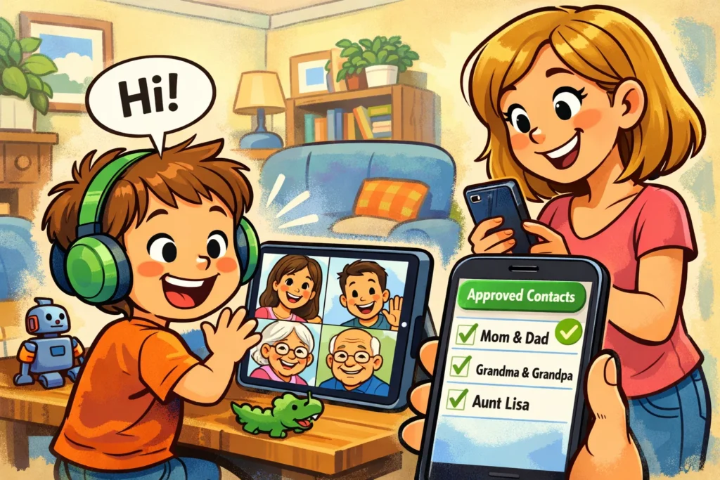 JusTalk Kids safe for kids review with child video calling family.