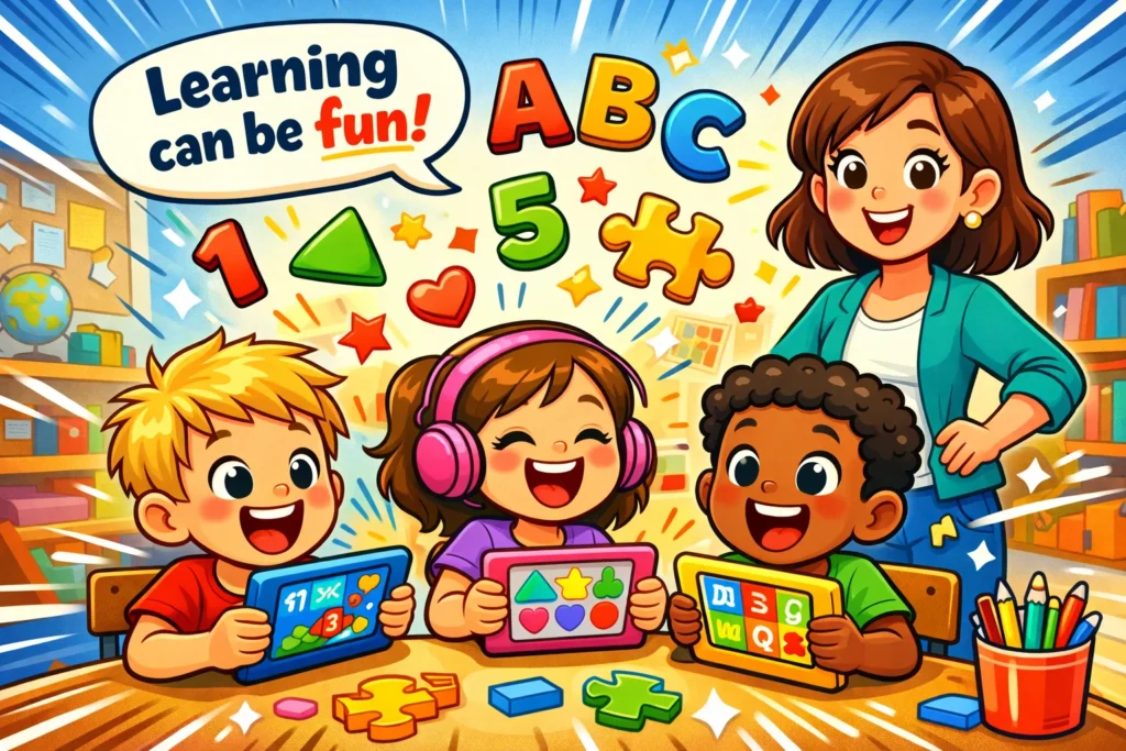 Keiki World review with kids playing colorful learning games for early education.