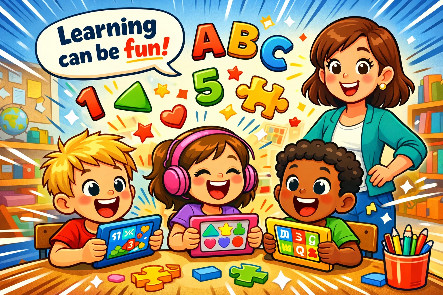 Keiki World review with kids playing colorful learning games for early education.