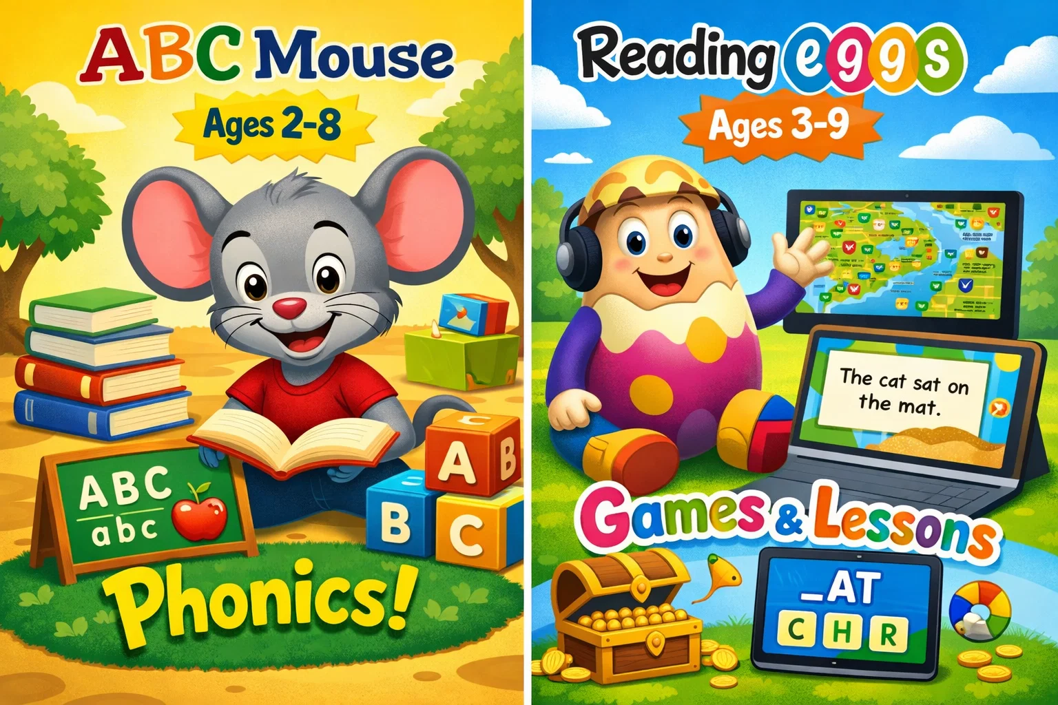 Key differences between ABC Mouse and Reading Eggs, highlighting age ranges and features.

