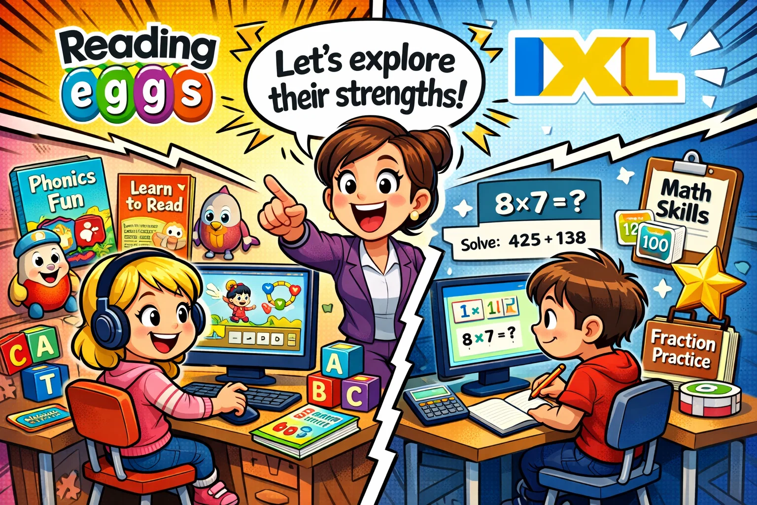  Key differences between Reading Eggs and IXL shown in a colorful classroom comparison.
