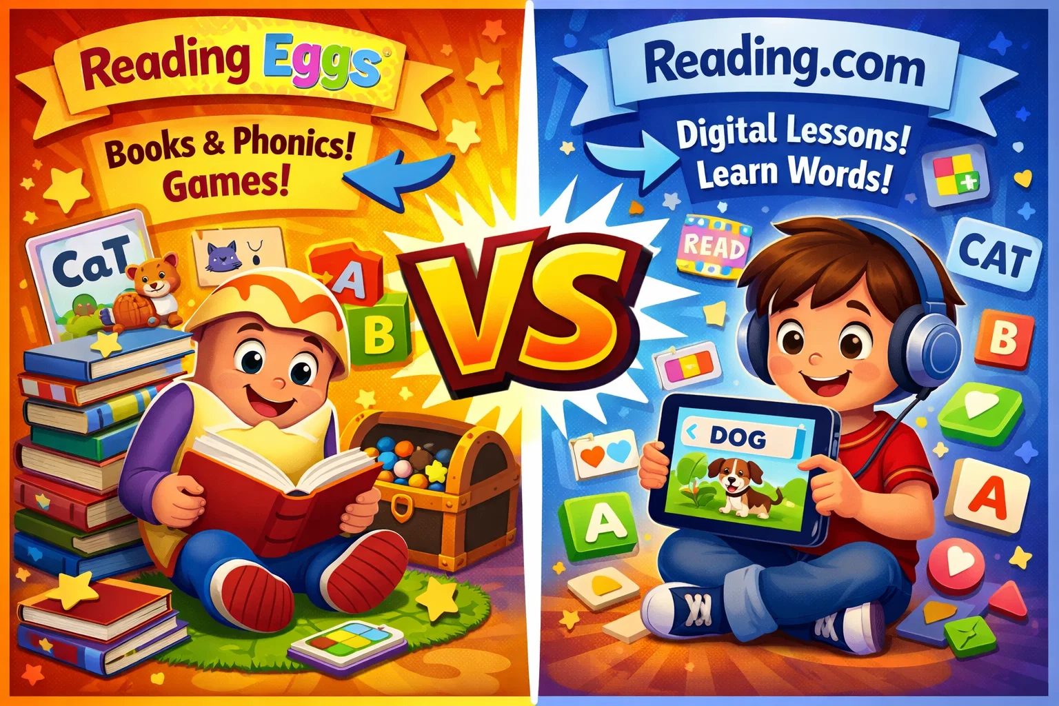 Key differences between Reading Eggs and Reading.com apps shown through cartoon characters.
