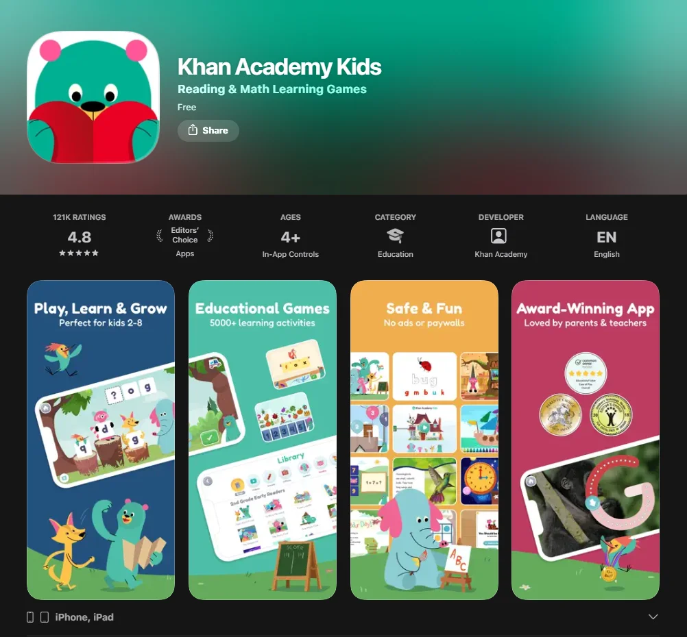 Khan Academy Kids App Screenshot.
