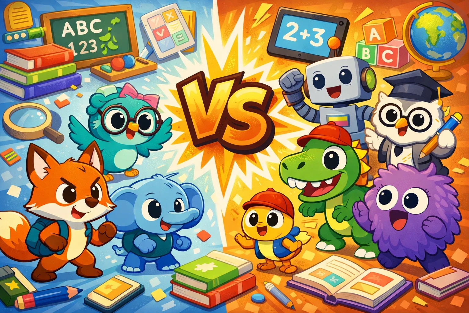  Khan Academy Kids mascot facing off against other educational app characters.

