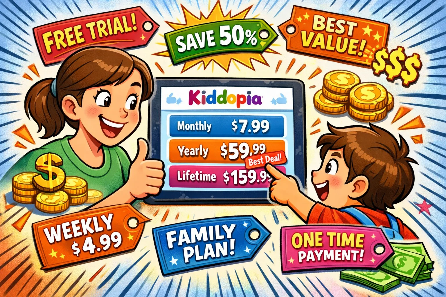 Parent and child evaluating Kiddopia's pricing and subscription options on a tablet.

