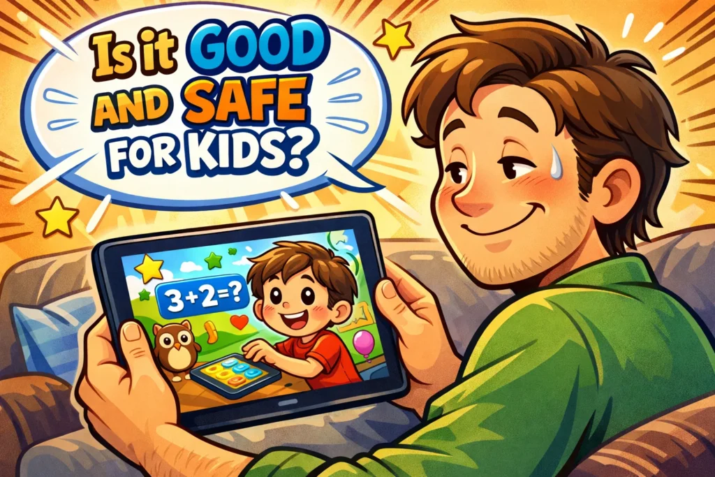 Parent and child enjoying Kiddopia app, confirming it's good and safe for kids.