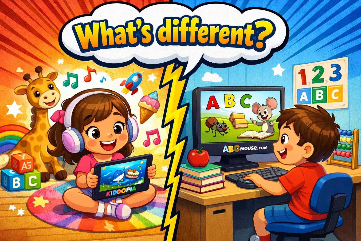 Kiddopia vs ABCmouse key differences depicted in a playful and colorful educational illustration.

