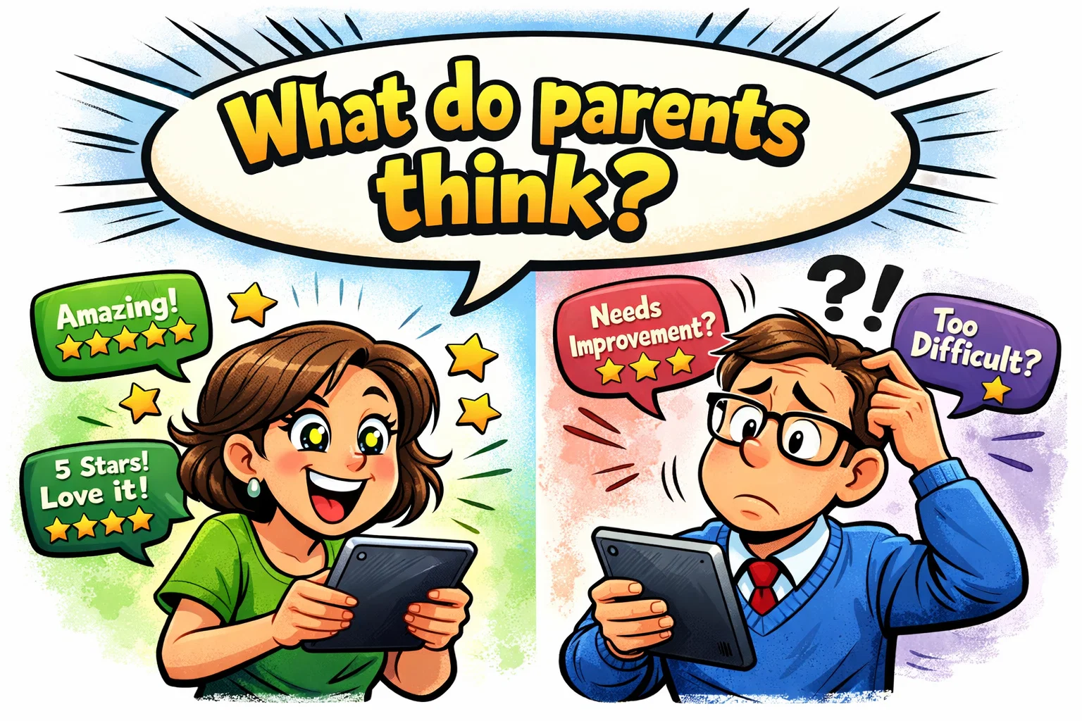 Reviews from parents and educators for Kiddopia vs ABCmouse illustrated with thumbs up and down icons.
