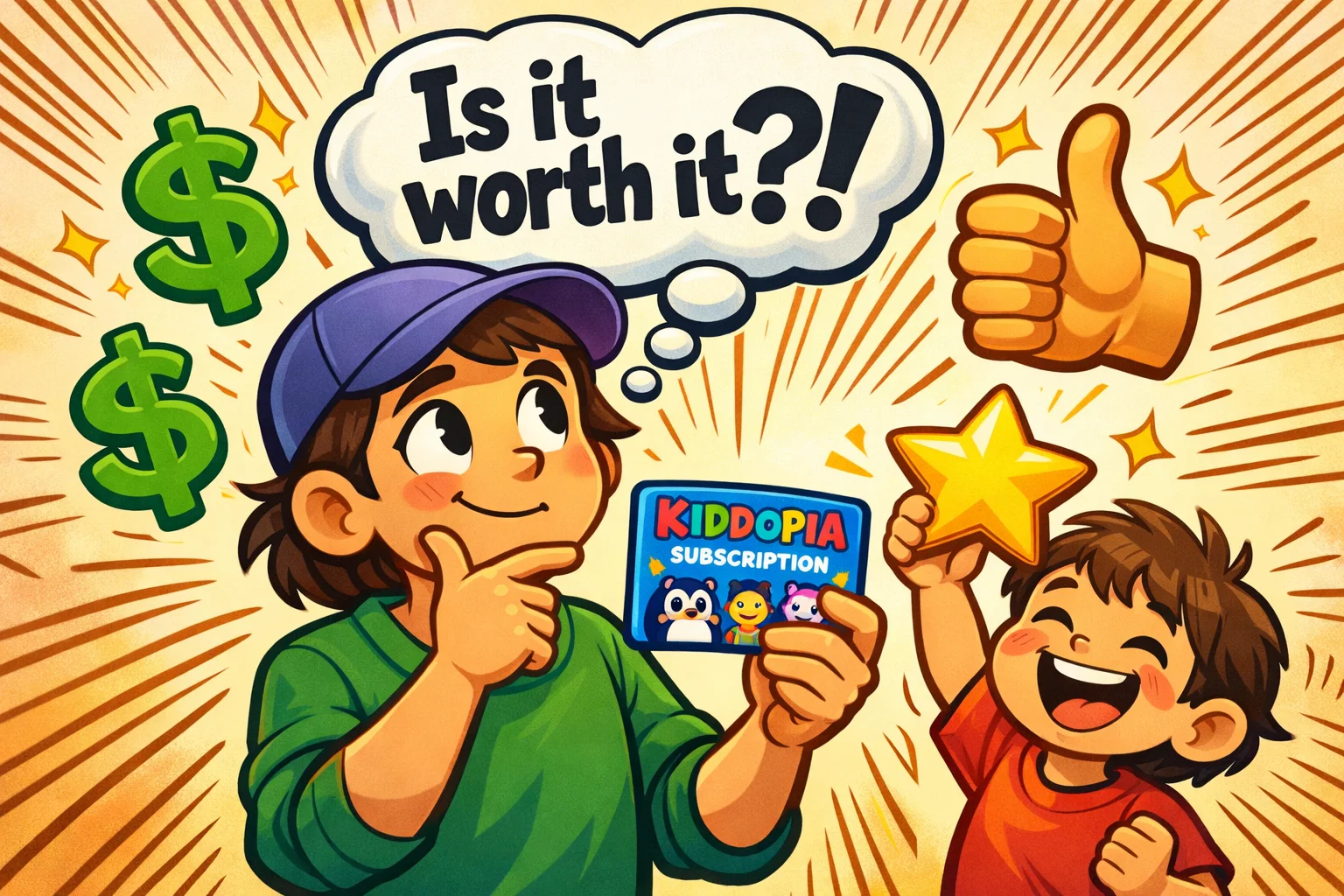  Parent and child discussing if Kiddopia subscription is worth it with thumbs-up.
