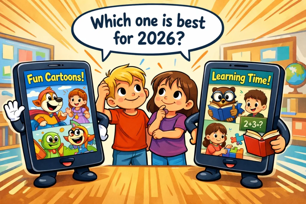 Kidoodle TV vs PBS Kids 2026 comparison with children choosing streaming apps.