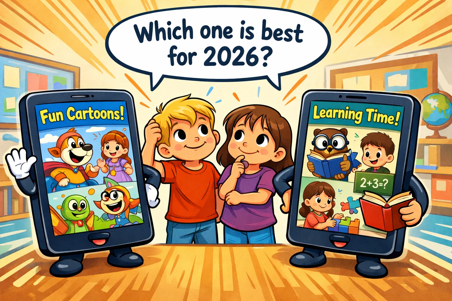 Kidoodle TV vs PBS Kids 2026 comparison with children choosing streaming apps.