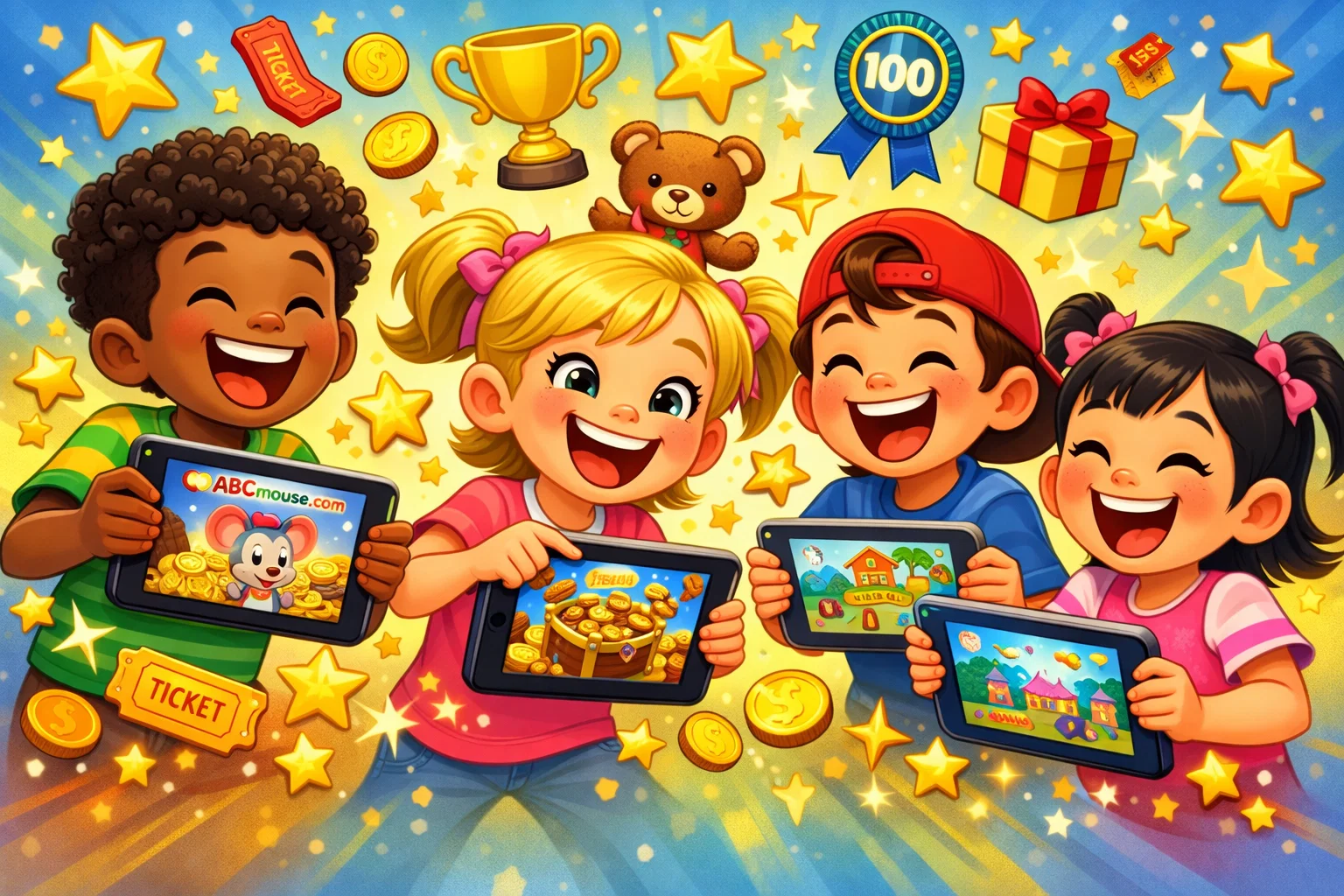  Happy kids enjoying ABCmouse learning activities and rewards.
