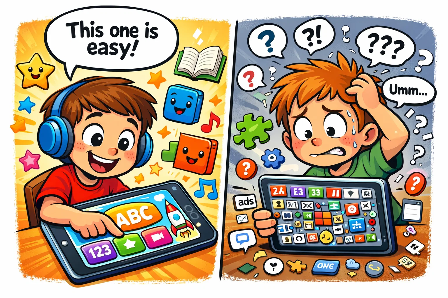 Kids learning app user interface design with simple icons and child friendly navigation.
