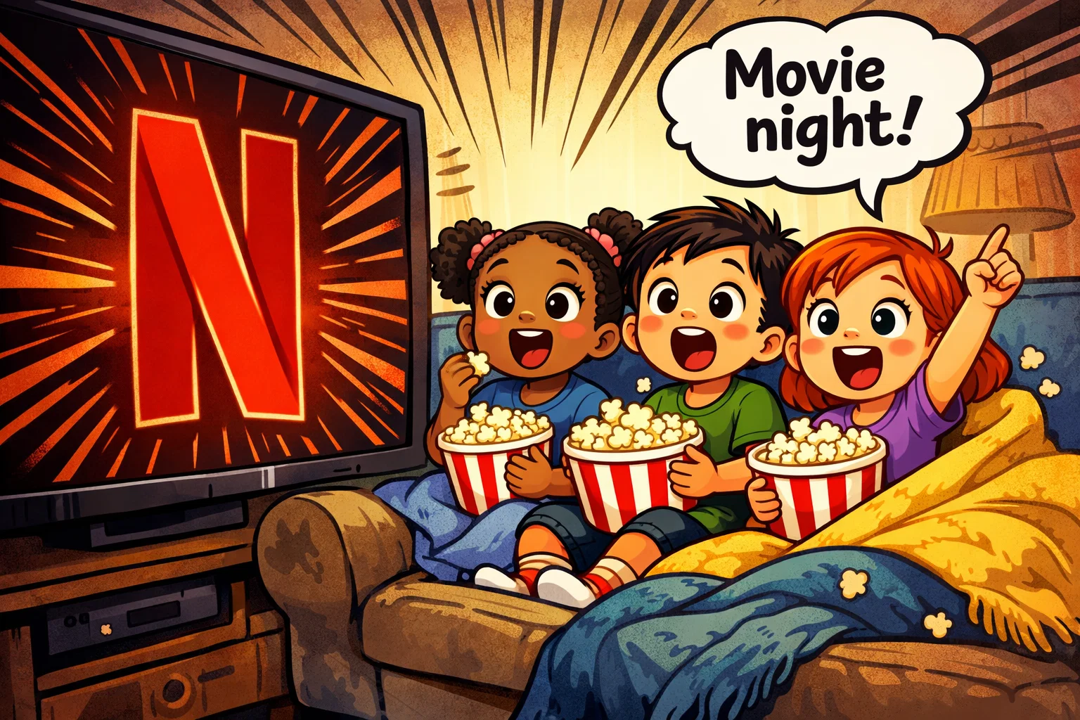 Kids aged 5 to 7 watching Netflix movie night on couch with popcorn.