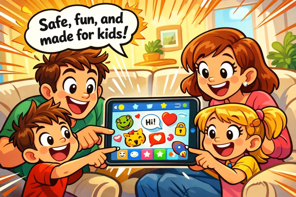 Kinzoo review safe for kids showing family chat in a child-friendly app.