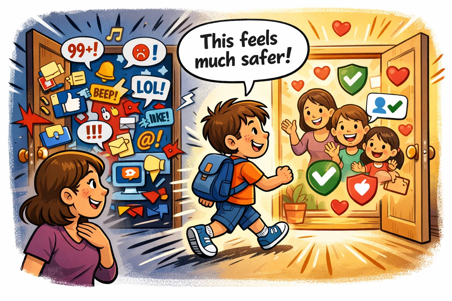Kinzoo safer than regular messaging apps for kids with protected family chat.
