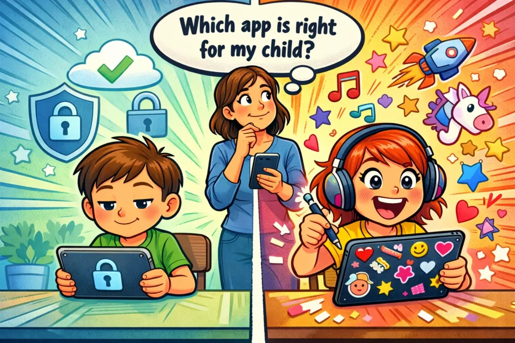 Kinzoo vs JusTalk Kids messaging apps comparison for kids and parents.