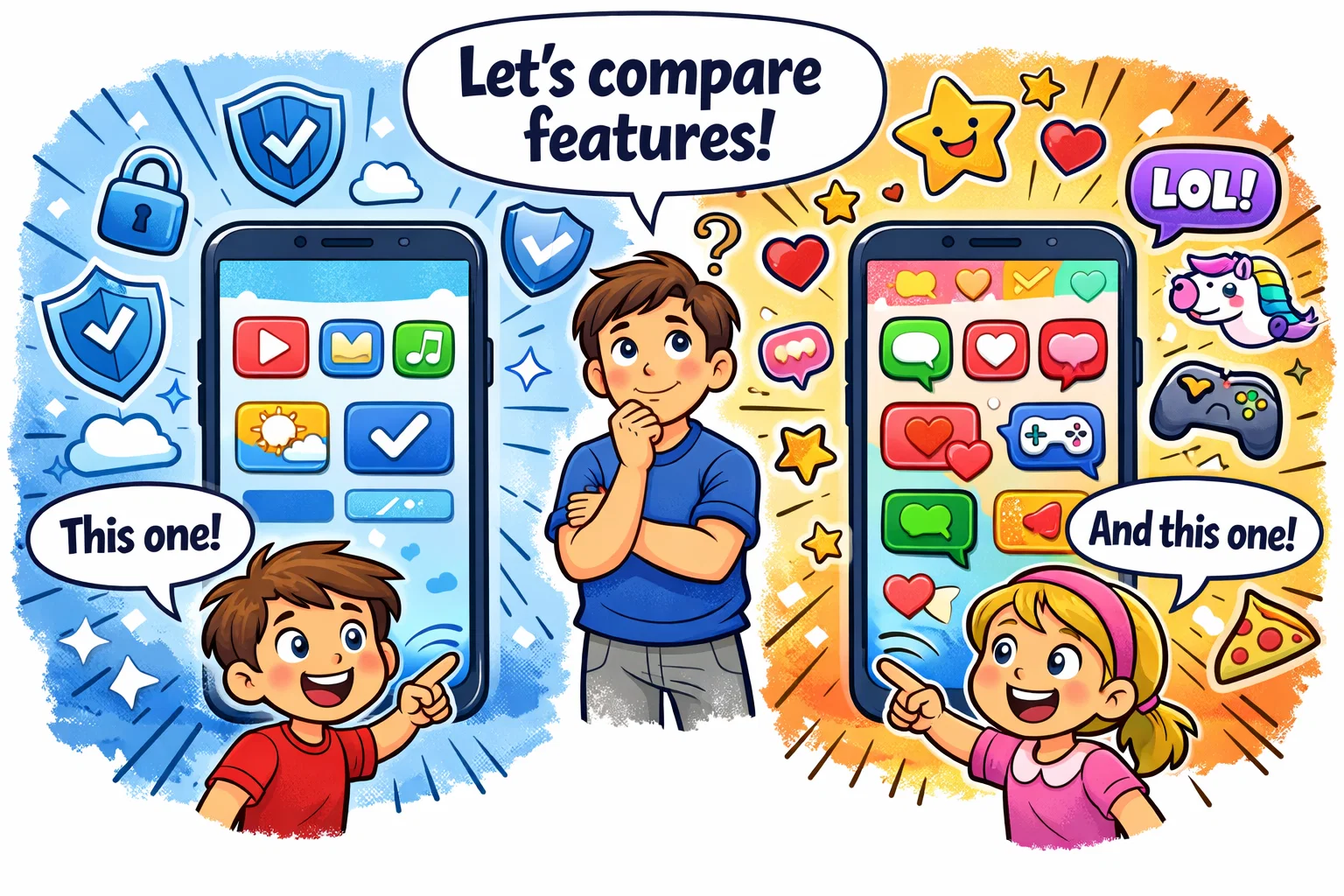 Kinzoo vs JusTalk Kids overview highlighting messaging and video features.
