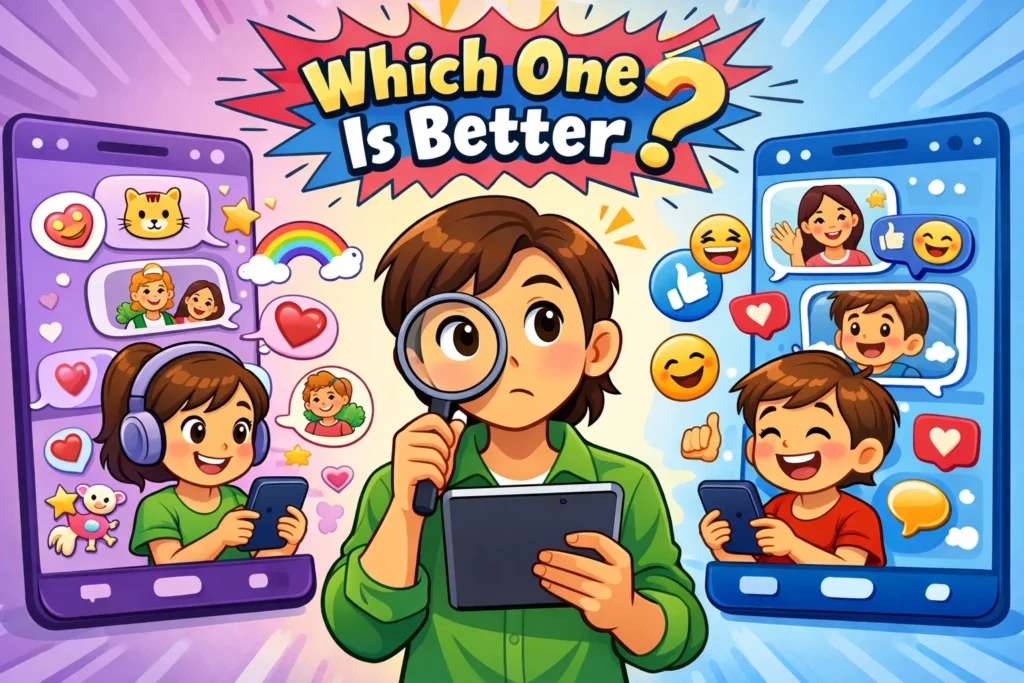 Kinzoo vs Messenger Kids comparison with parent reviewing safety features and chat apps.